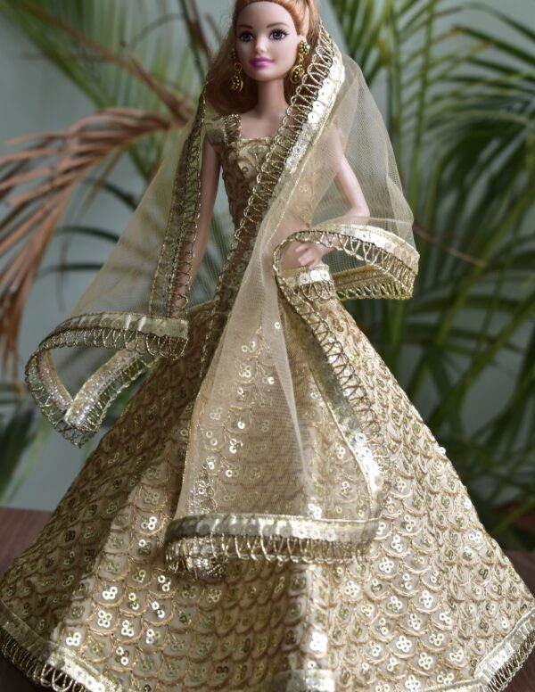 Embroidered gold lehenga for Barbie doll