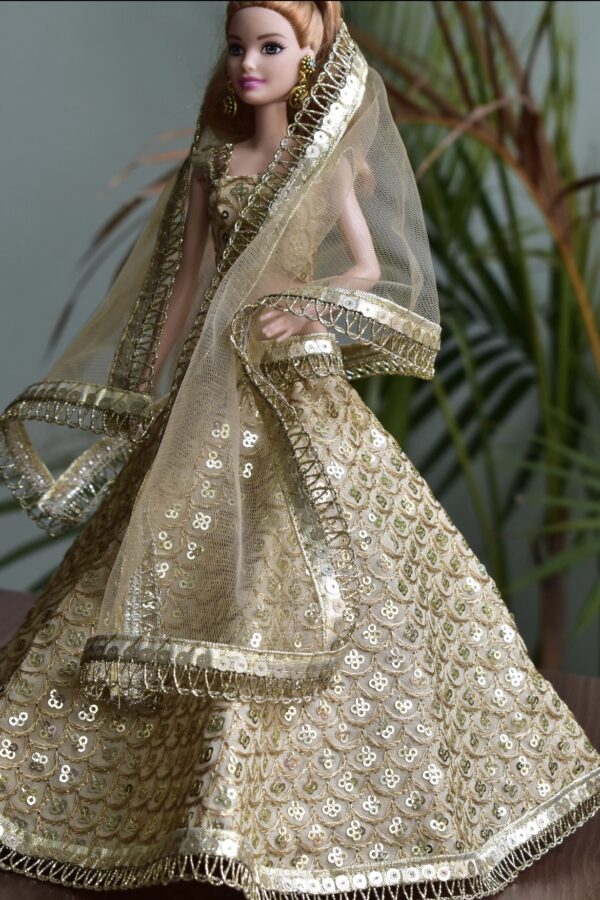 Embroidered gold lehenga for Barbie doll