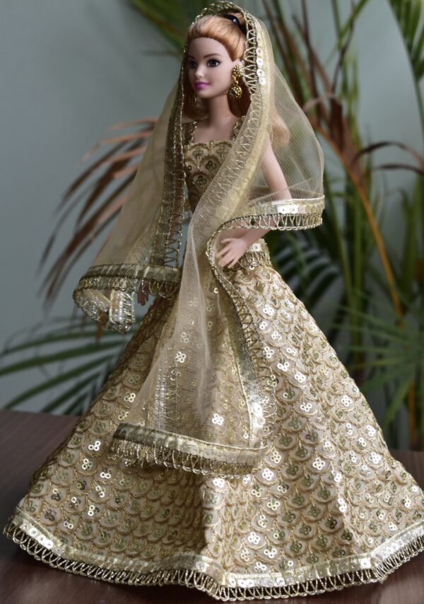 Embroidered gold lehenga for Barbie doll