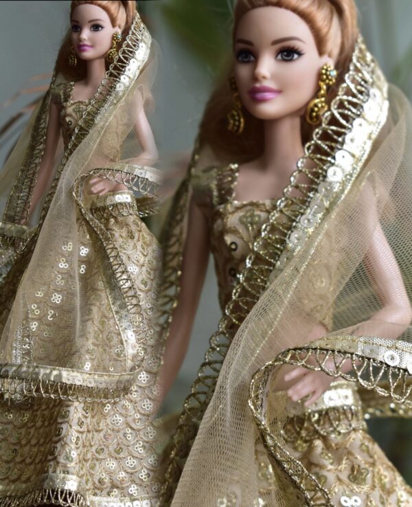Embroidered gold lehenga for Barbie doll
