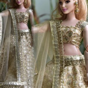 Embroidered gold festive lehenga for curvy Barbie doll