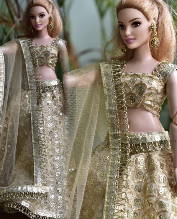 Embroidered gold festive lehenga for curvy Barbie doll