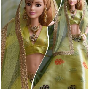 Green and gold festive lehenga with jewellery for doll