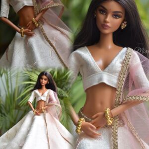 White and pink festive lehenga for doll
