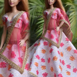 White and pink floral lehenga for doll