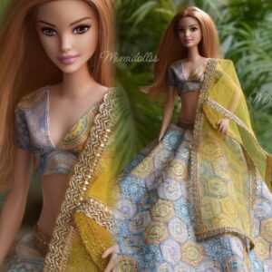 Blue yellow embroidered lehenga for doll
