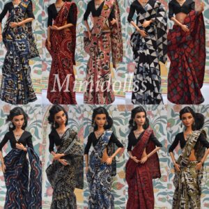A set of 10 authentic Indian block printed cotton sarees with accessories for doll