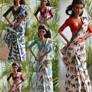 A set of 5 Indian cotton sarees with jewellery for Barbie doll