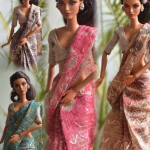 A set of 4 pretty Indian sarees for Barbie doll with jewellery