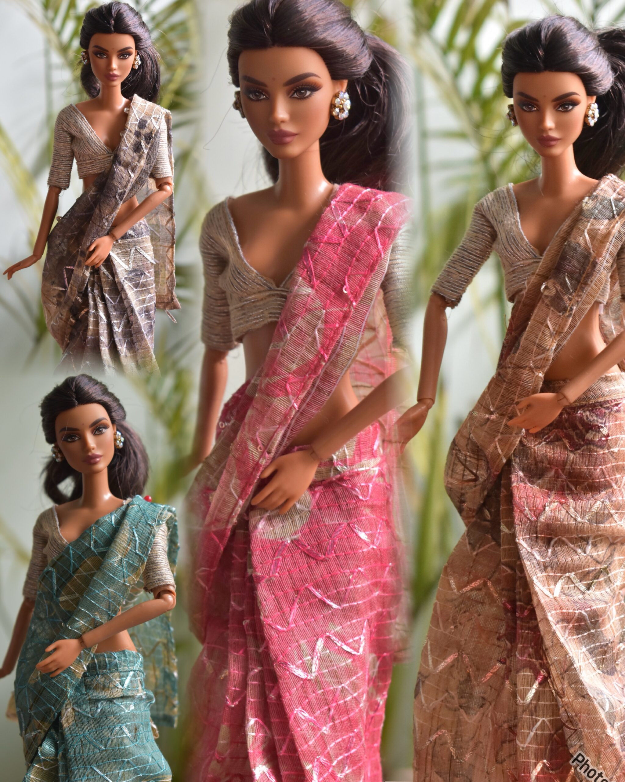 A set of 4 pretty Indian sarees for Barbie doll with jewellery