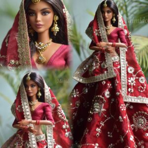 Maroon embellished Indian bridal lehenga for Barbie doll