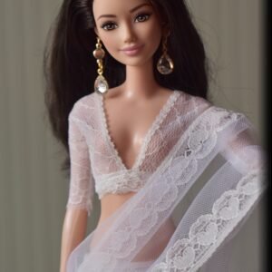 Elegant white net saree for Barbie doll